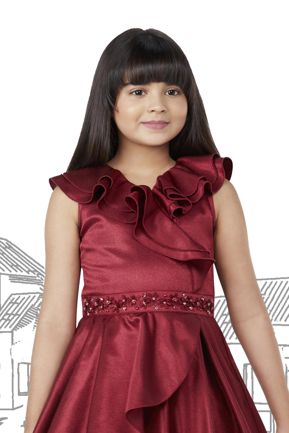 Maroon Satin Silk Long Party Gown for Girls - 2