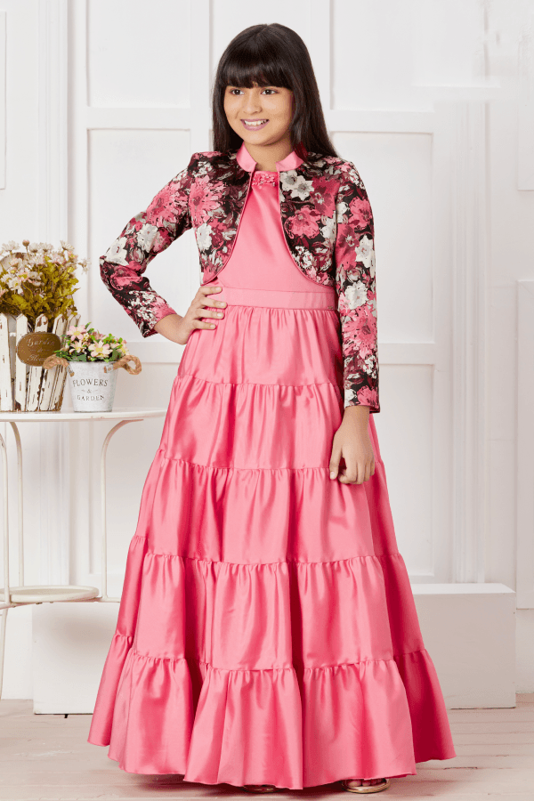 Peach Foil Print Overcoat Styled Long Gown For Girls - Seasons Chennai