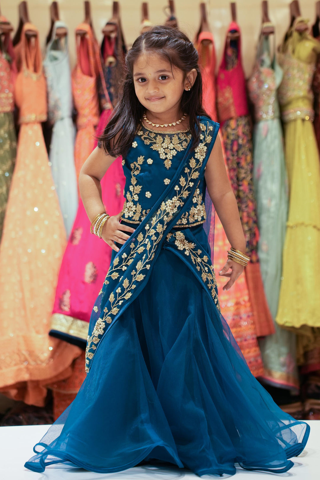 Blue with Stone and Bead work Half Saree Styled Lehenga Choli for Girls - Seasons Chennai