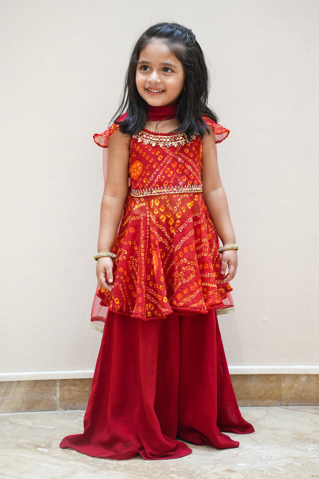 Red Bandini Print, Mirror, Stone, Sequins and Pearl work Girls Palazzo Suit Set - Seasons Chennai