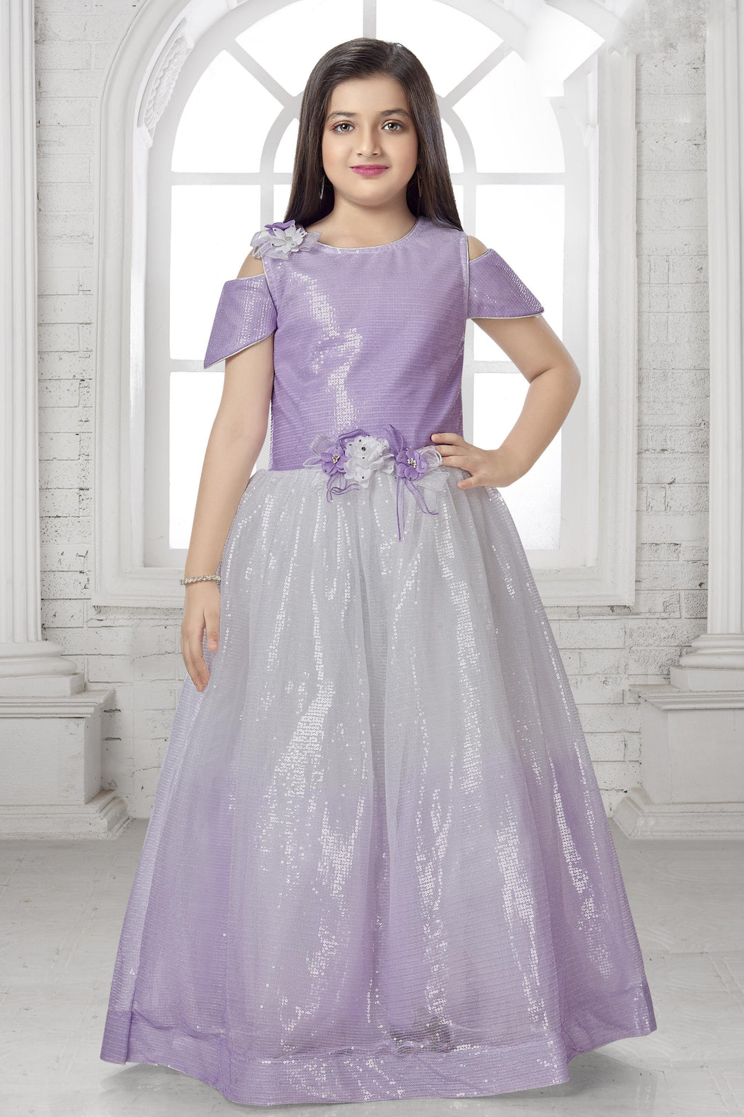Lavender with Cream Shaded Sequins work Long Party Gown for Girls - Seasons Chennai