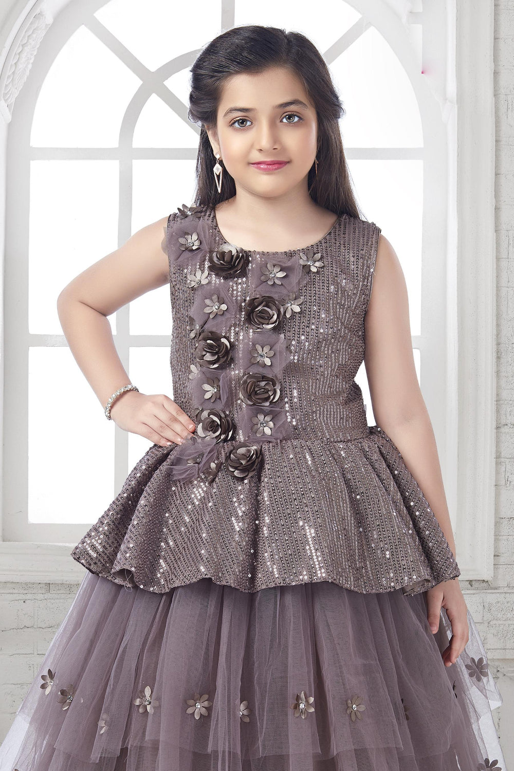 Brown Sequins and Stone work Long Party Gown for Girls - Seasons Chennai