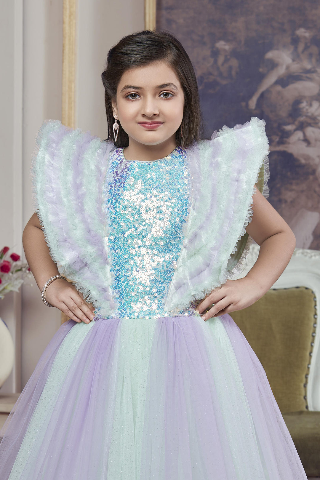 Green with Lavender Sequins and Glitter work Long Party Gown for Girls - Seasons Chennai