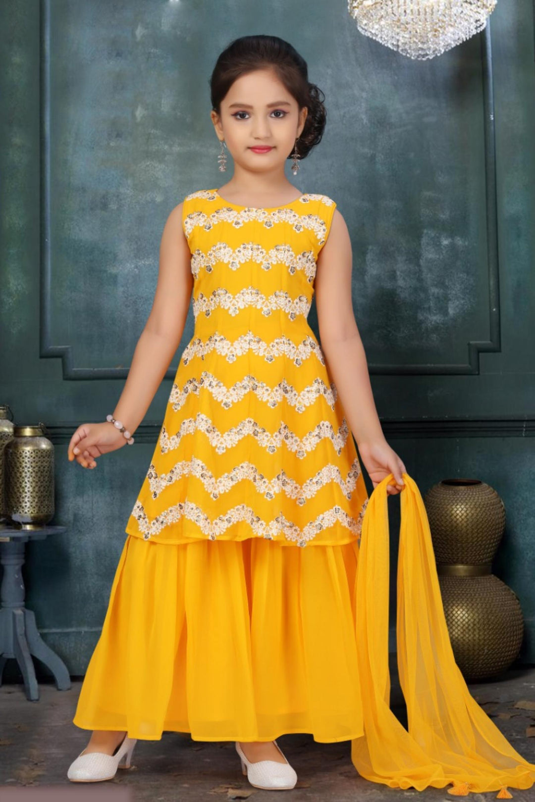 Yellow Sequins and Threadwork Girls Sharara Suit Set - SeasonsChennai