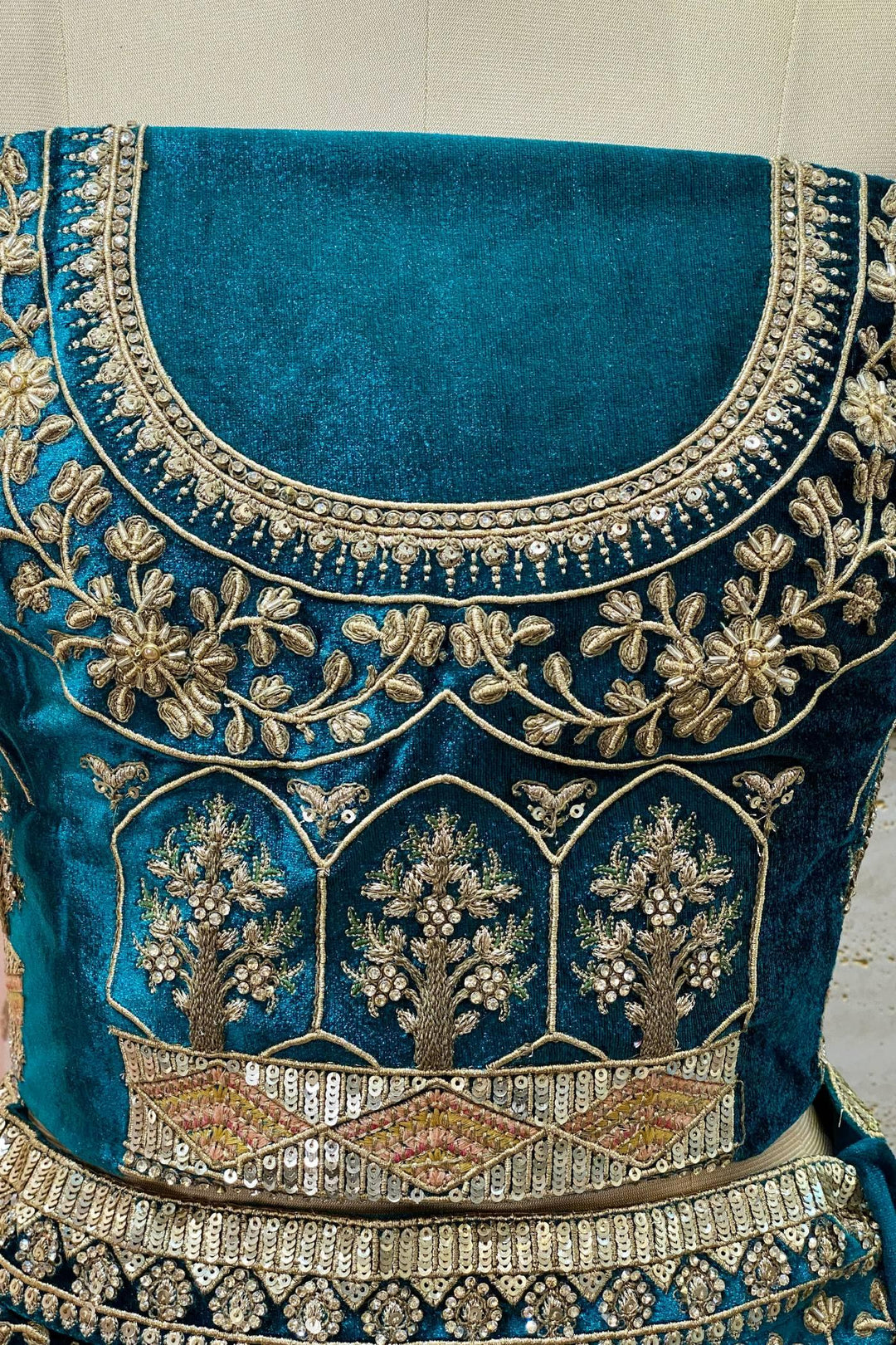 Peacock Green Golden Zari and Aari work Semi-Stitched Designer Bridal Lehenga - 3