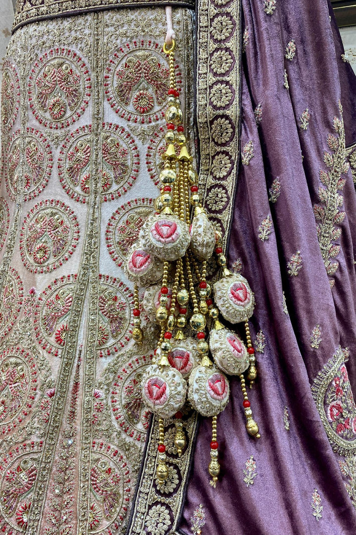 Onion Pink Shaded Aari and Stone work Semi Stitched Bridal Designer Lehenga - 6
