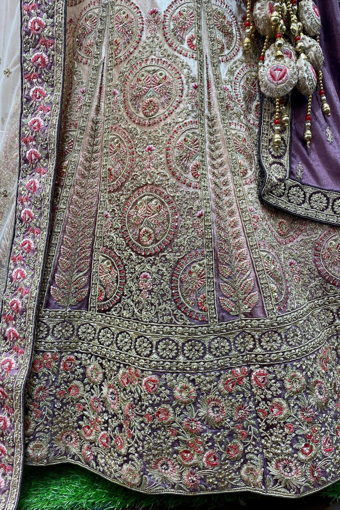 Onion Pink Shaded Aari and Stone work Semi Stitched Bridal Designer Lehenga - 7