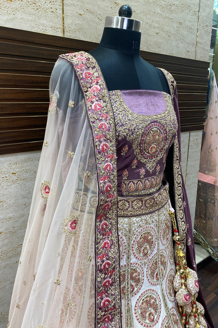 Onion Pink Shaded Aari and Stone work Semi Stitched Bridal Designer Lehenga - 5