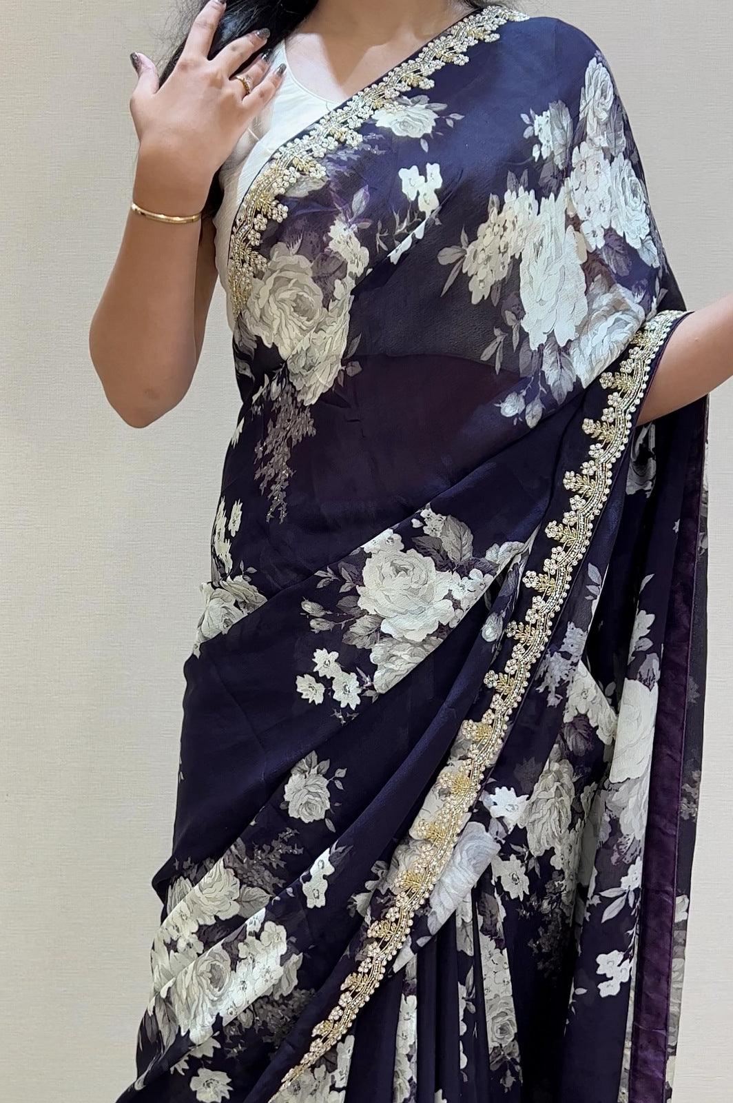 Dark Purple Pearl and Stone work with Floral Print Saree and Matching Unstitched Blouse - Seasons Chennai