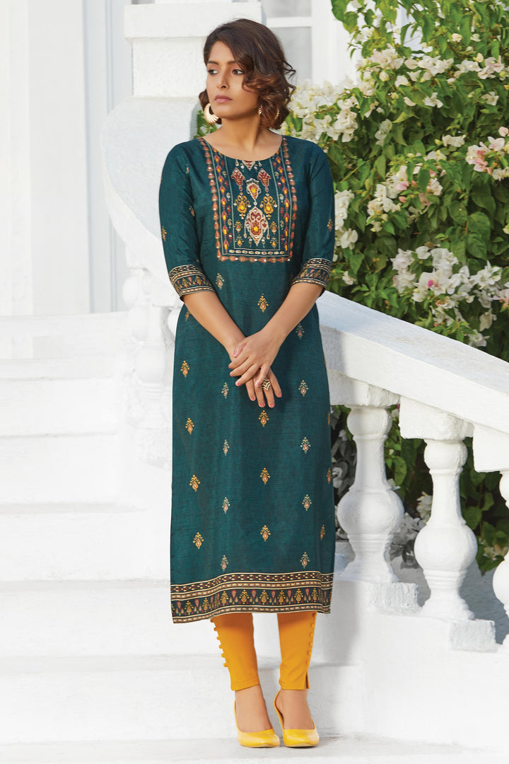 Peacock Green Digital Print, Thread, Sequins and Beads work Designer Kurti - Seasons Chennai
