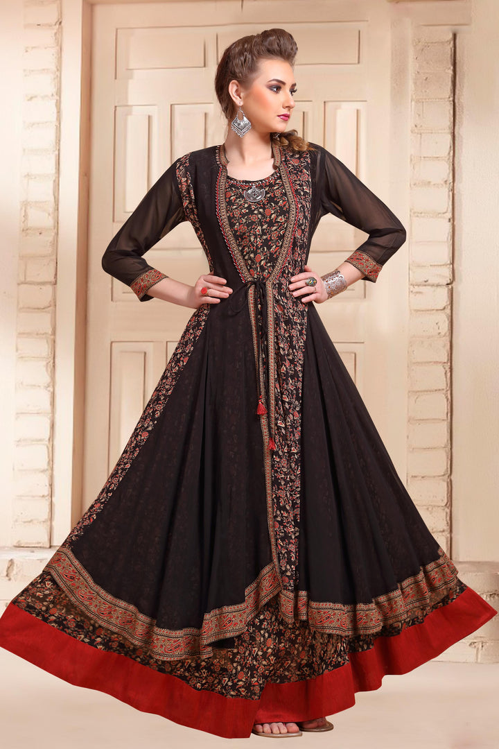 Black with Floral Print Overcoat Anarkali Styled Long Kurti - Seasons Chennai