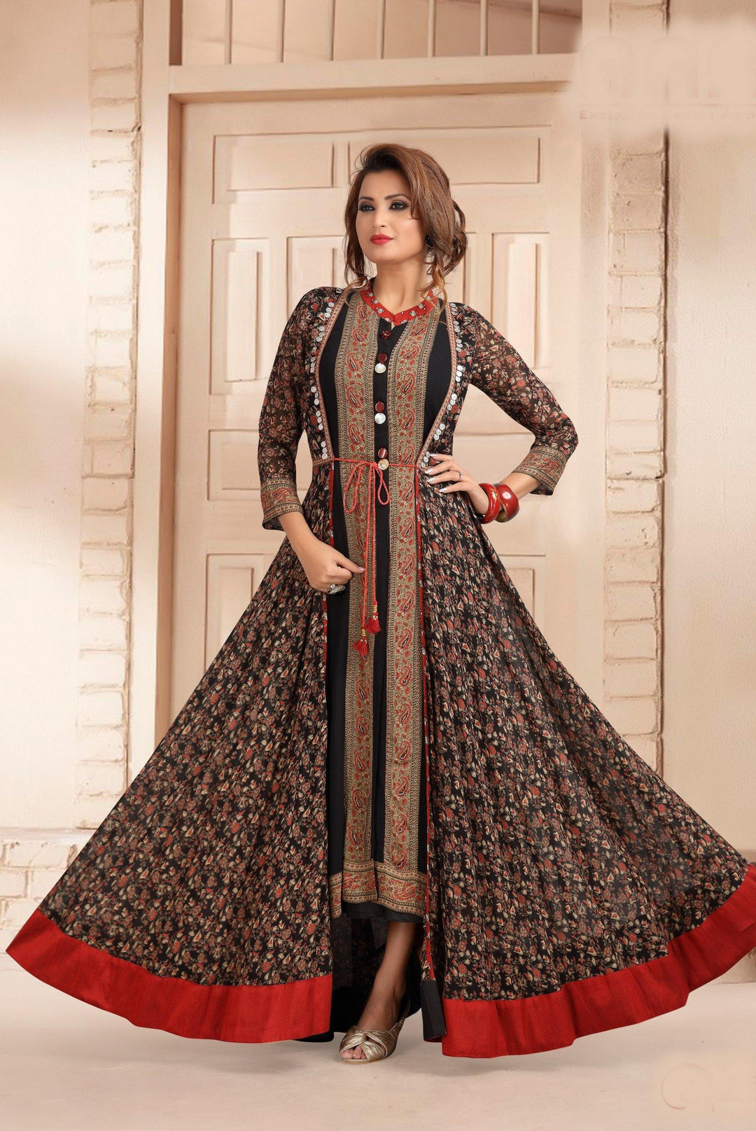Black with Floral Print Overcoat Anarkali Styled Long Kurti - 1
