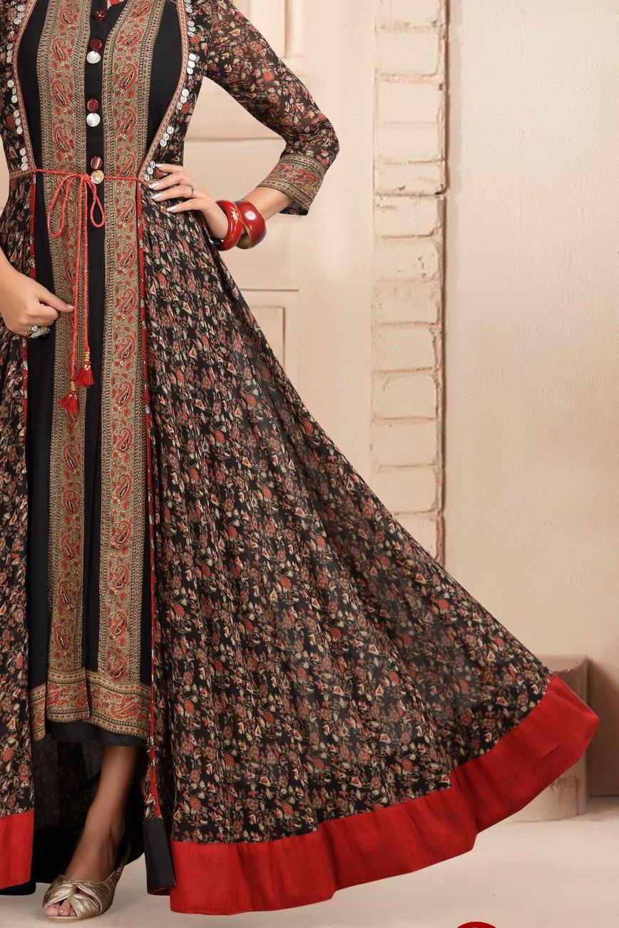 Black with Floral Print Overcoat Anarkali Styled Long Kurti - 3