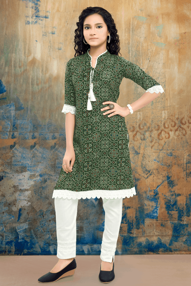 Green and White Bandini Print Salwar Suit for Girls - Seasons Chennai
