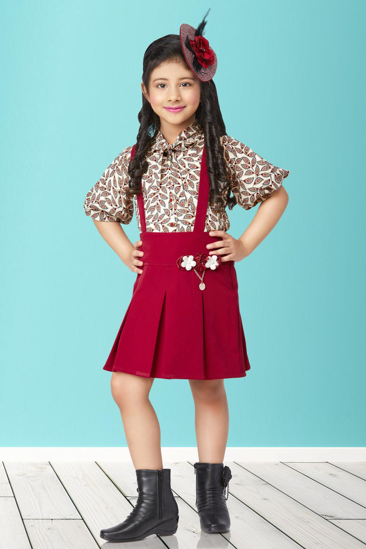 Maroon and Cream Multicolor Print Top with Suspenders Skirt for Girls - 1