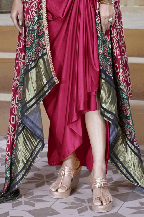 Green with Pink Mirror, Thread and Zari work Overcoat with Dhoti Styled Crop Top Set - Seasons Chennai