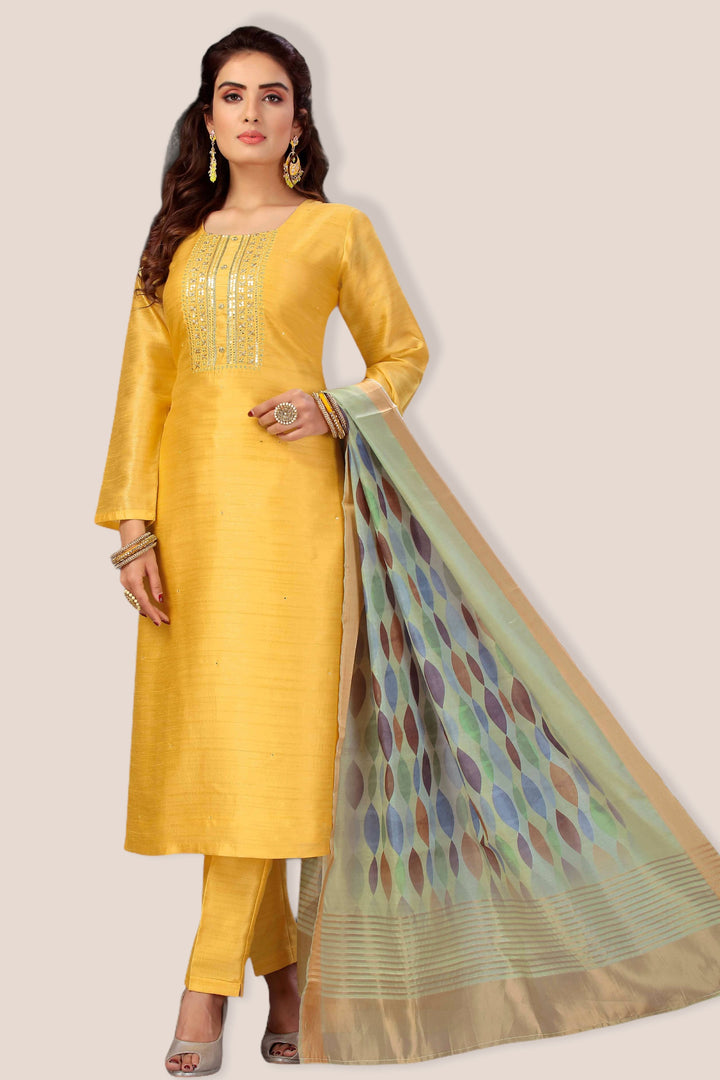 Yellow Thread and Sequins work Straight Cut Salwar Suit - 1