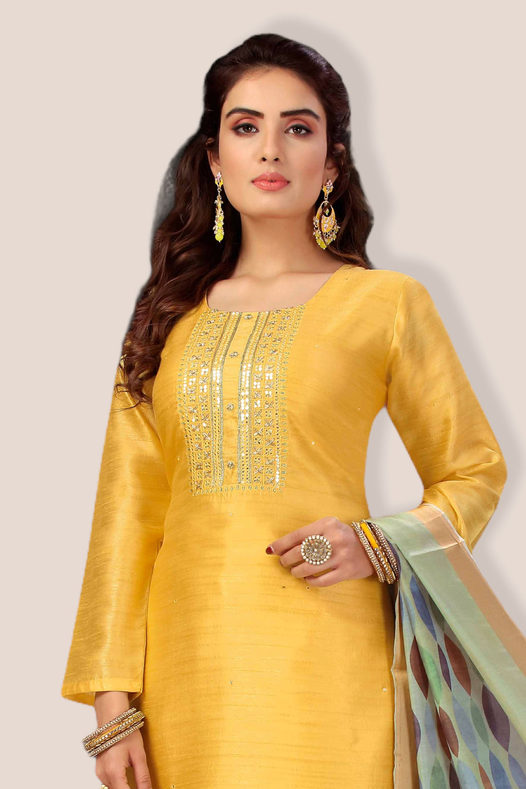 Yellow Thread and Sequins work Straight Cut Salwar Suit - 2