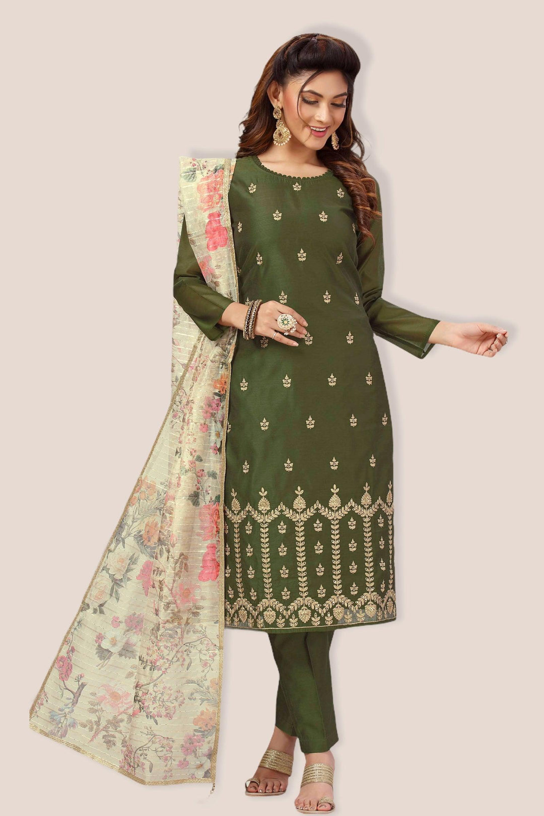 Mehendi Green Golden Zari Thread work Straight Cut Salwar Suit - 1