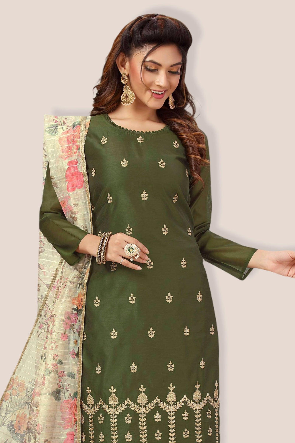 Mehendi Green Golden Zari Thread work Straight Cut Salwar Suit - 2