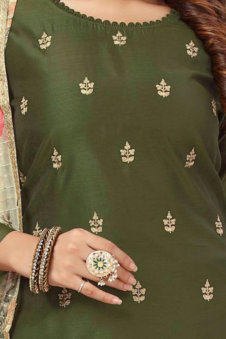 Mehendi Green Golden Zari Thread work Straight Cut Salwar Suit - 3