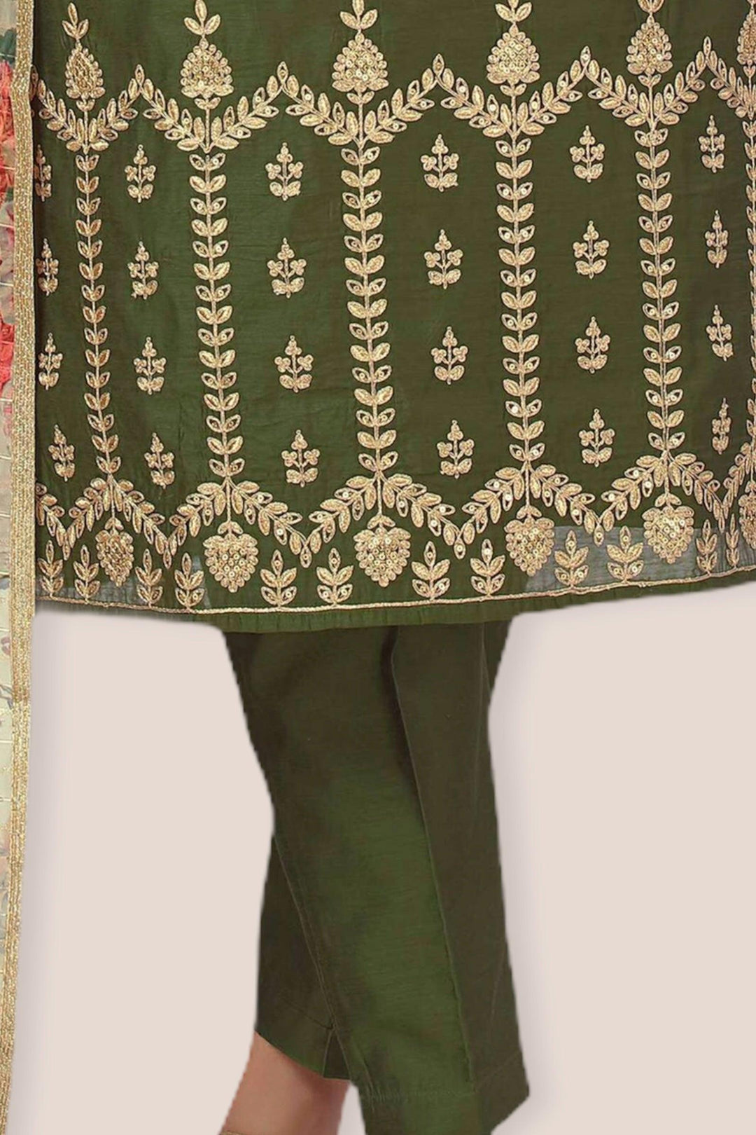 Mehendi Green Golden Zari Thread work Straight Cut Salwar Suit - 5