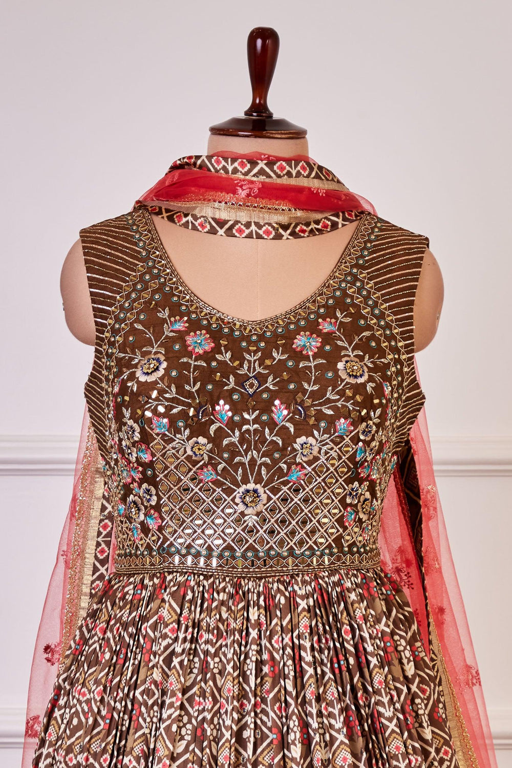 Brown Mirror, Kundan and Zari Thread work with Kalamkari Print Floor Length Anarkali Suit - Seasons Chennai