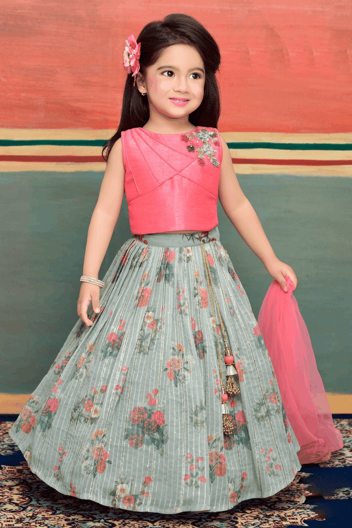Pink with Mint Green Floral Print, Sequins and Thread Weaving work Lehenga Choli for Girls - Seasons Chennai