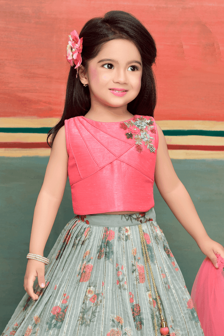 Pink with Mint Green Floral Print, Sequins and Thread Weaving work Lehenga Choli for Girls - Seasons Chennai