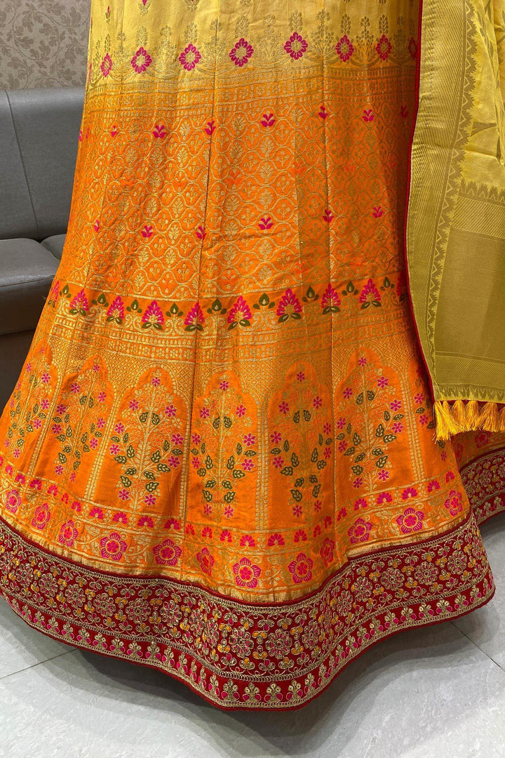 Yellow and Light Mustard Banarasi Semi-Stitched Lehenga - SeasonsChennai
