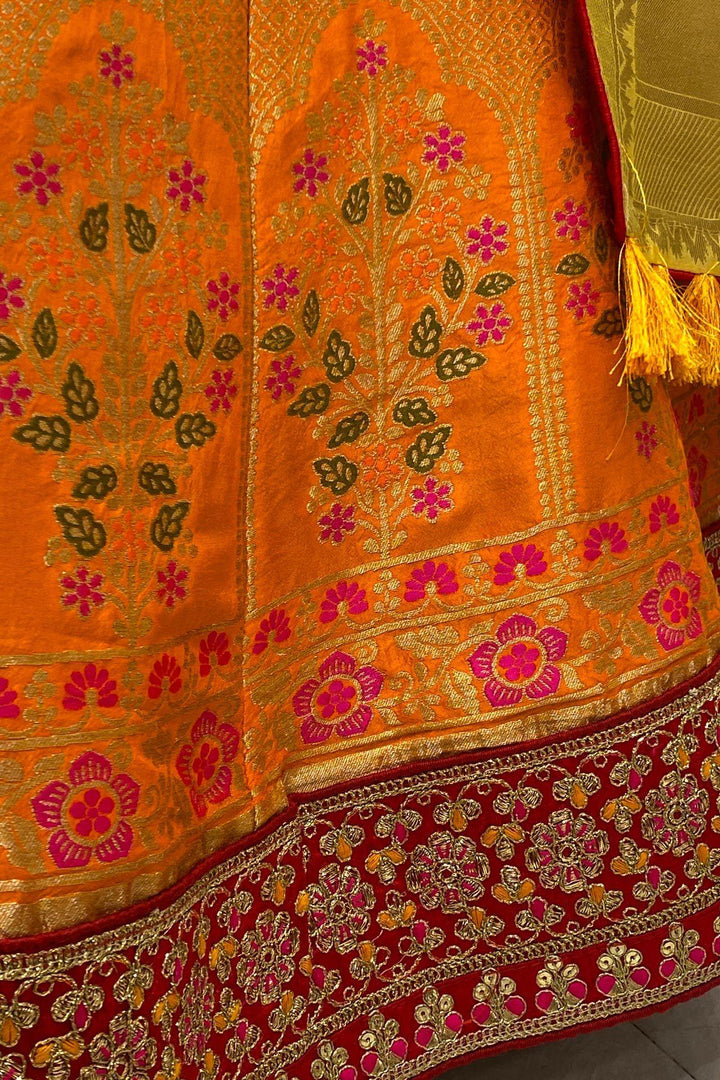 Yellow and Light Mustard Banarasi Semi-Stitched Lehenga - SeasonsChennai