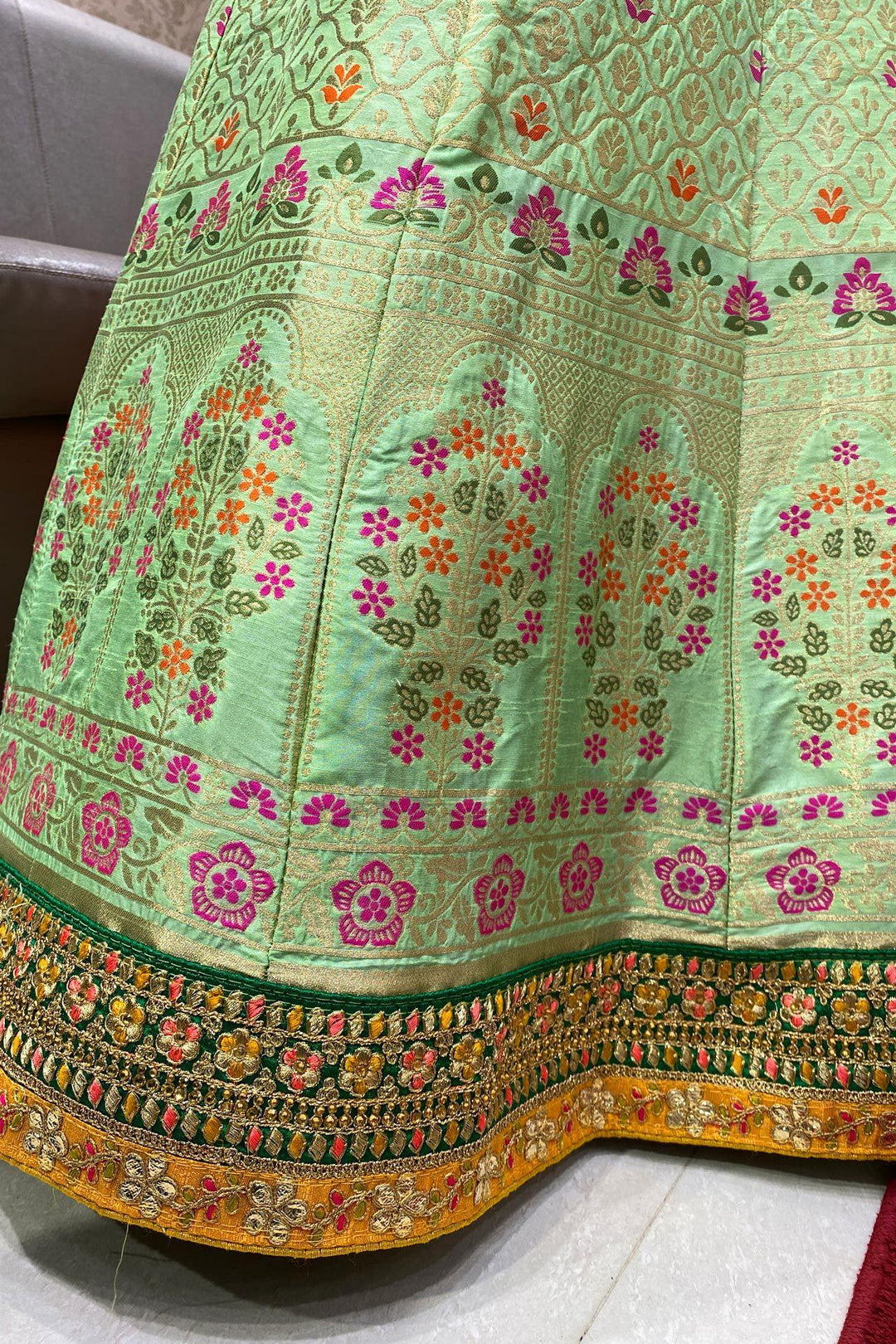 Green Banarasi Semi-Stitched Lehenga with Contrast Red Duppata - SeasonsChennai
