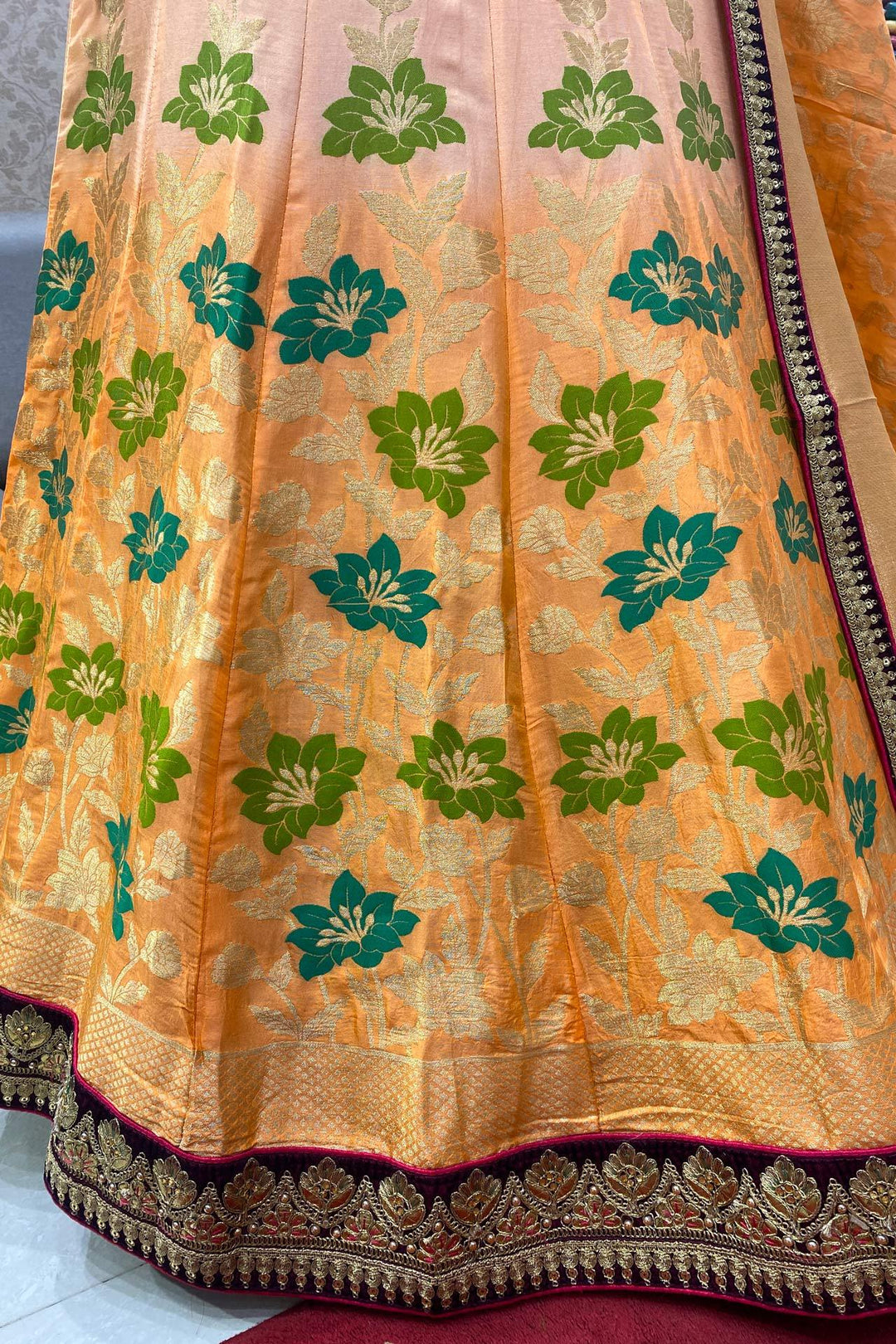 Peach and Wine Banarasi Semi-Stitched Lehenga - SeasonsChennai