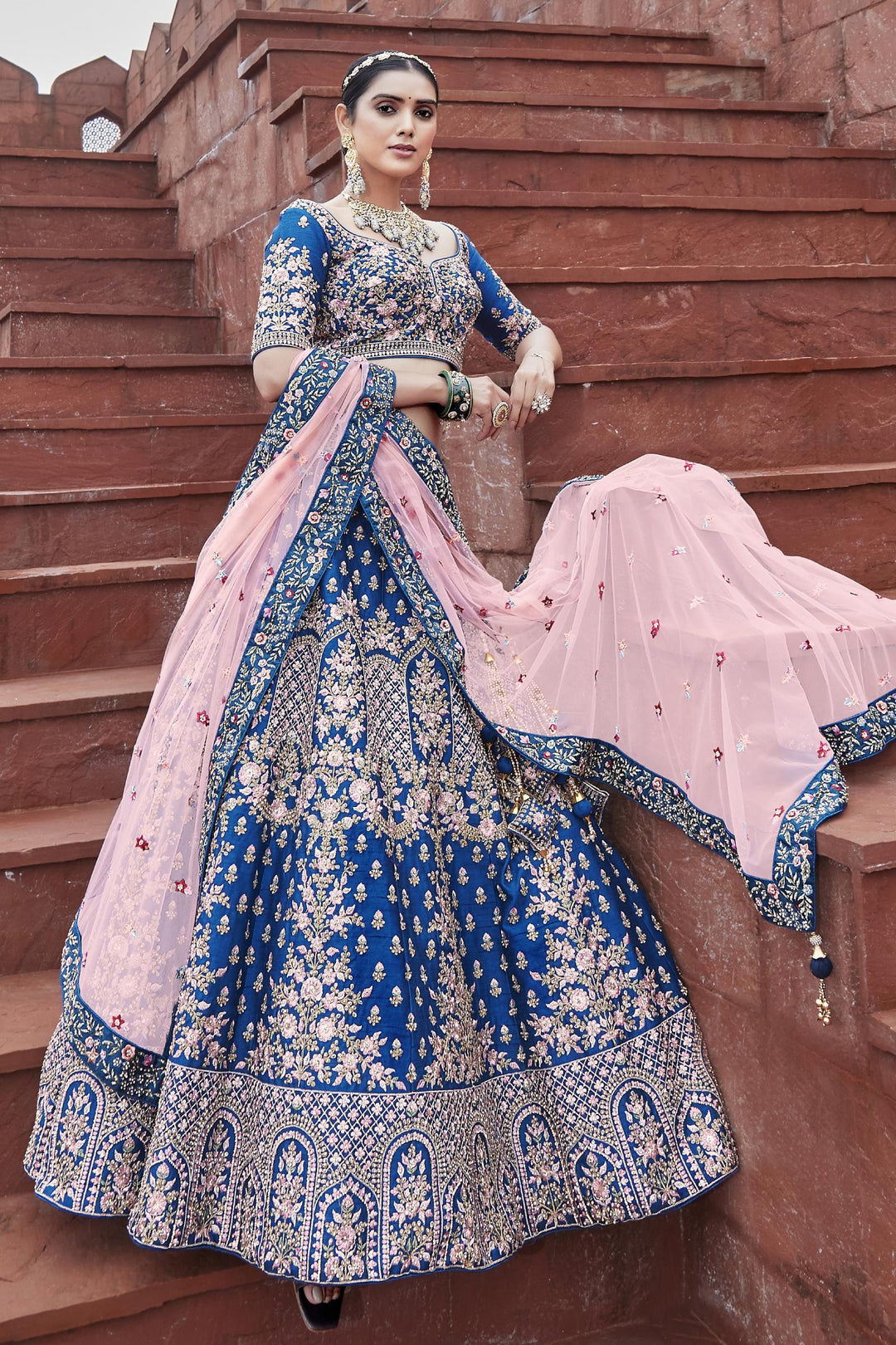 Blue Stone, Thread and Zari work Semi Stitched Bridal Lehenga - Seasons Chennai