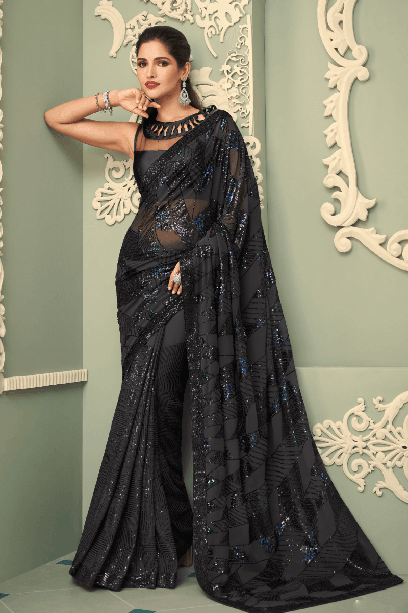 Grey Sequins Saree and Matching Unstitched Designer Blouse - Seasons Chennai