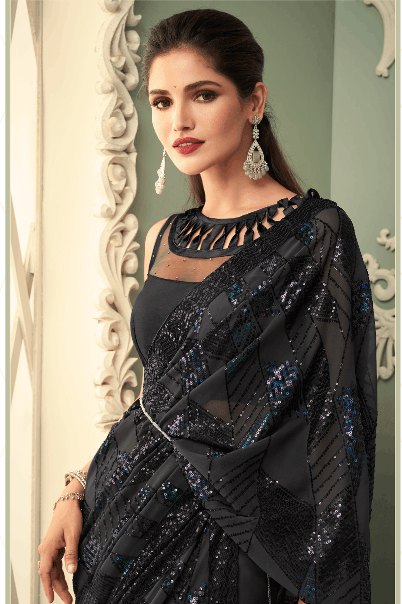 Grey Sequins Saree and Matching Unstitched Designer Blouse - Seasons Chennai