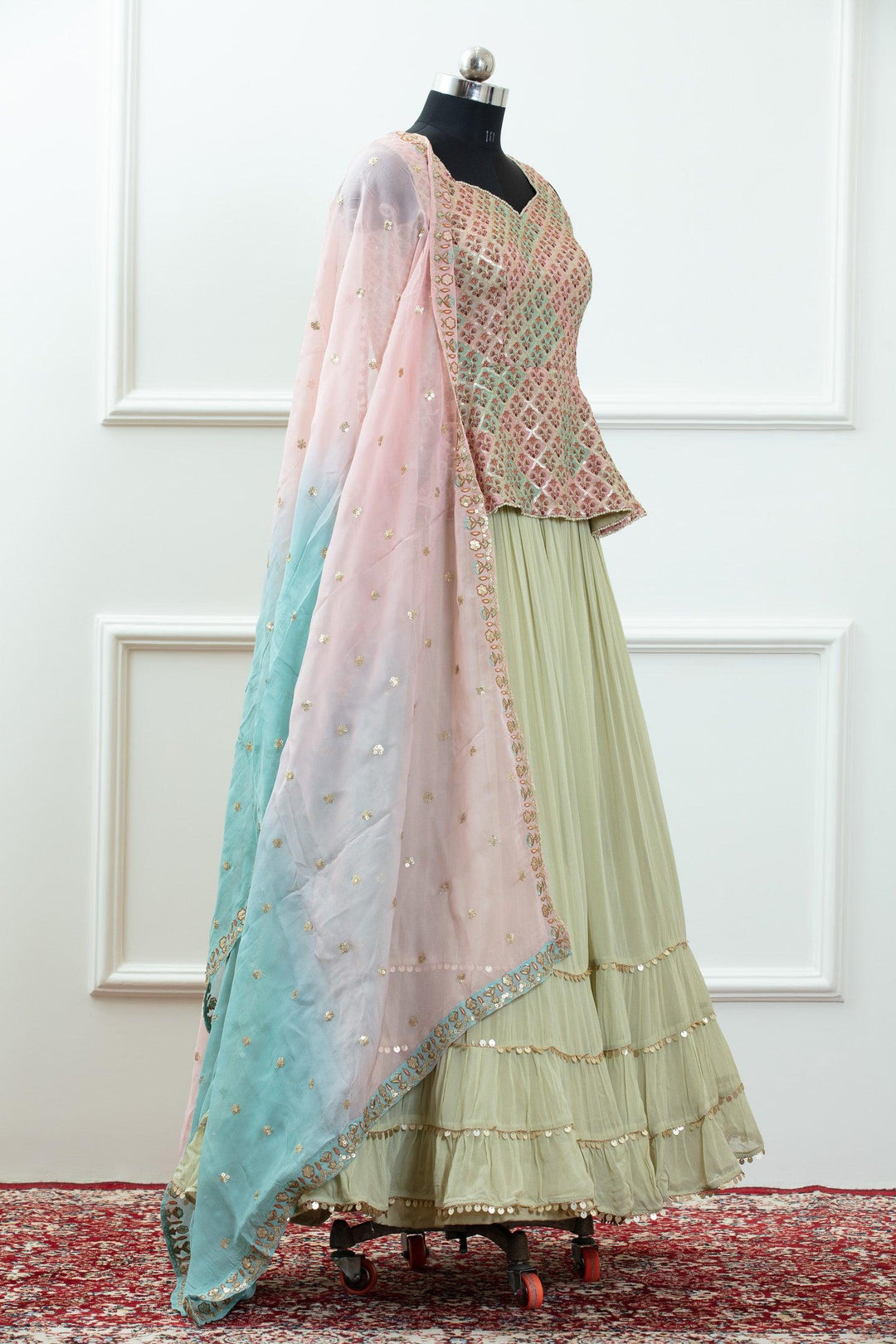 Pista Green Sequins and Pearl work with Floral Print Peplum Style Lehenga - Seasons Chennai