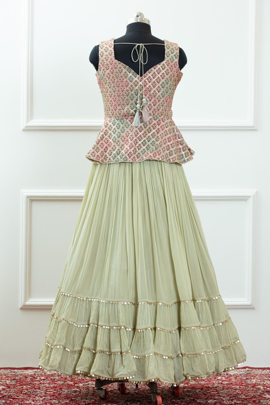 Pista Green Sequins and Pearl work with Floral Print Peplum Style Lehenga - Seasons Chennai