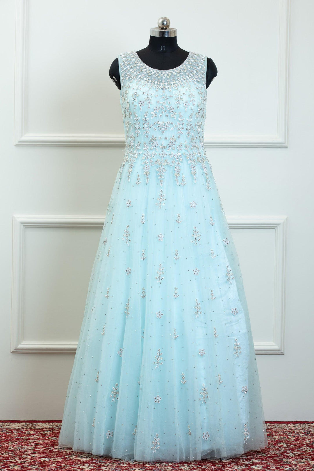 Sky Blue Beads, Pearl, Sequins and Stone work Bridal and Partywear Gown - Seasons Chennai