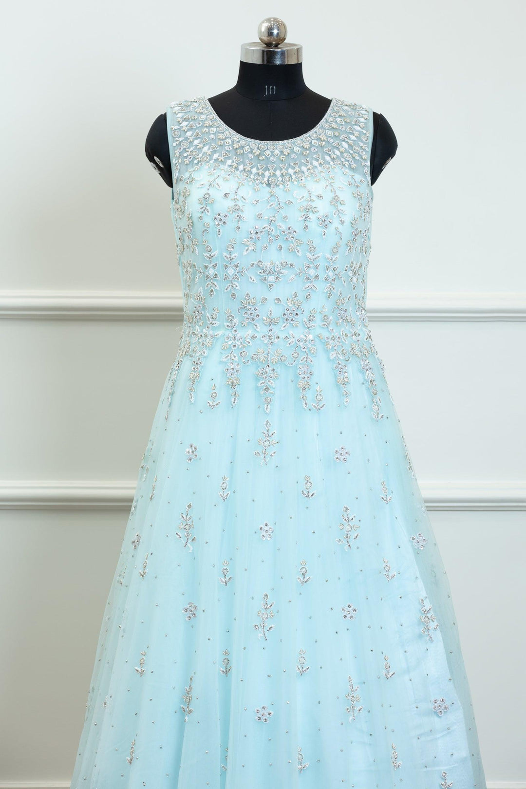 Sky Blue Beads, Pearl, Sequins and Stone work Bridal and Partywear Gown - Seasons Chennai