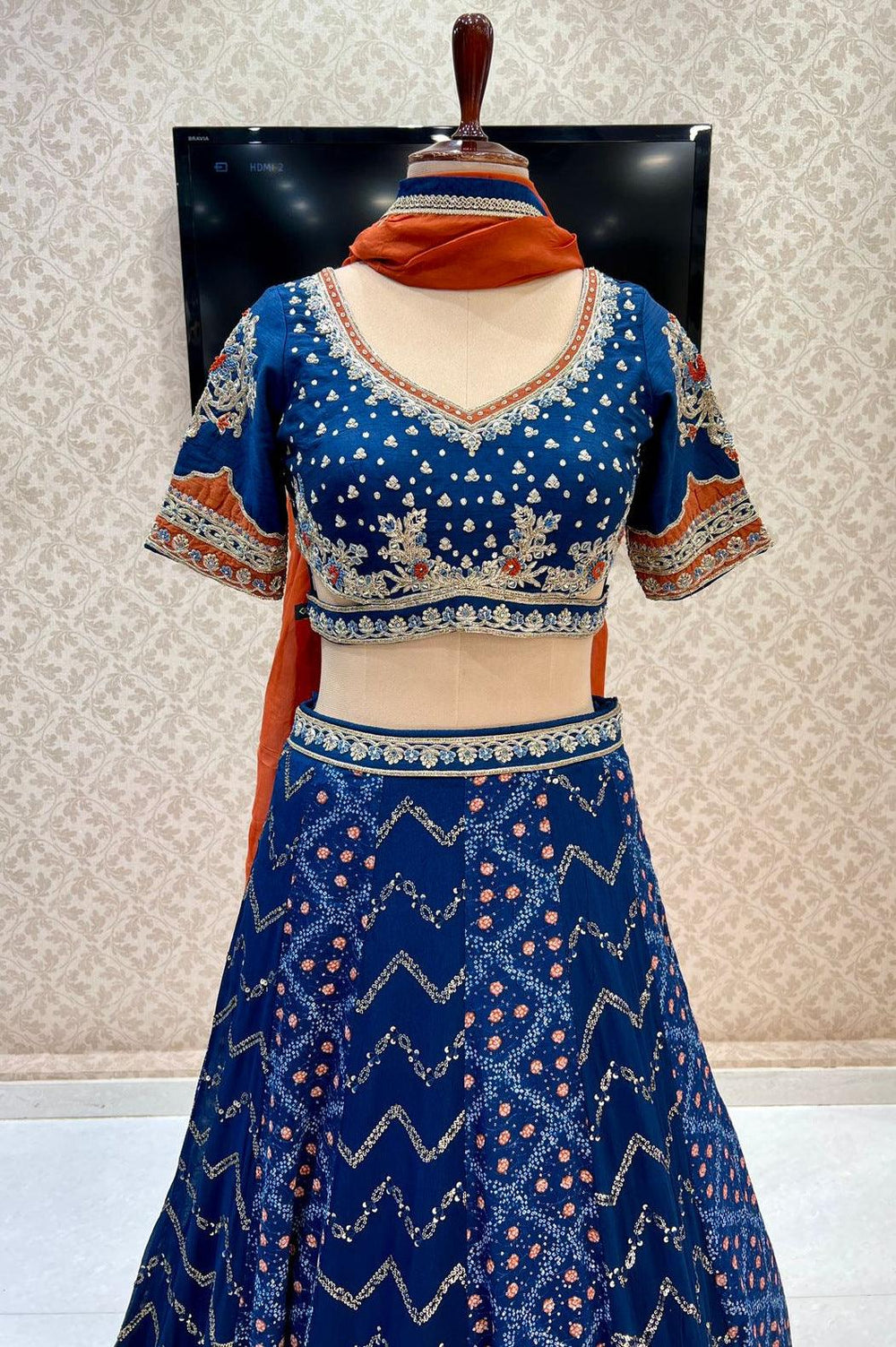 Navy Blue Zardozi, Mirror, Beads and Sequins work with Bandini Print Crop Top Lehenga - Seasons Chennai
