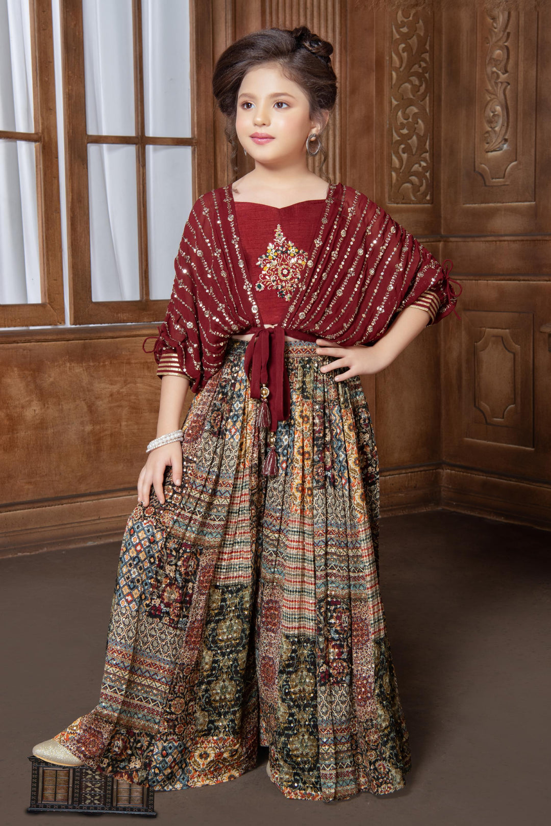 Maroon with Multicolor Digital Print Poncho Styled Palazzo Set for Girls - Seasons Chennai