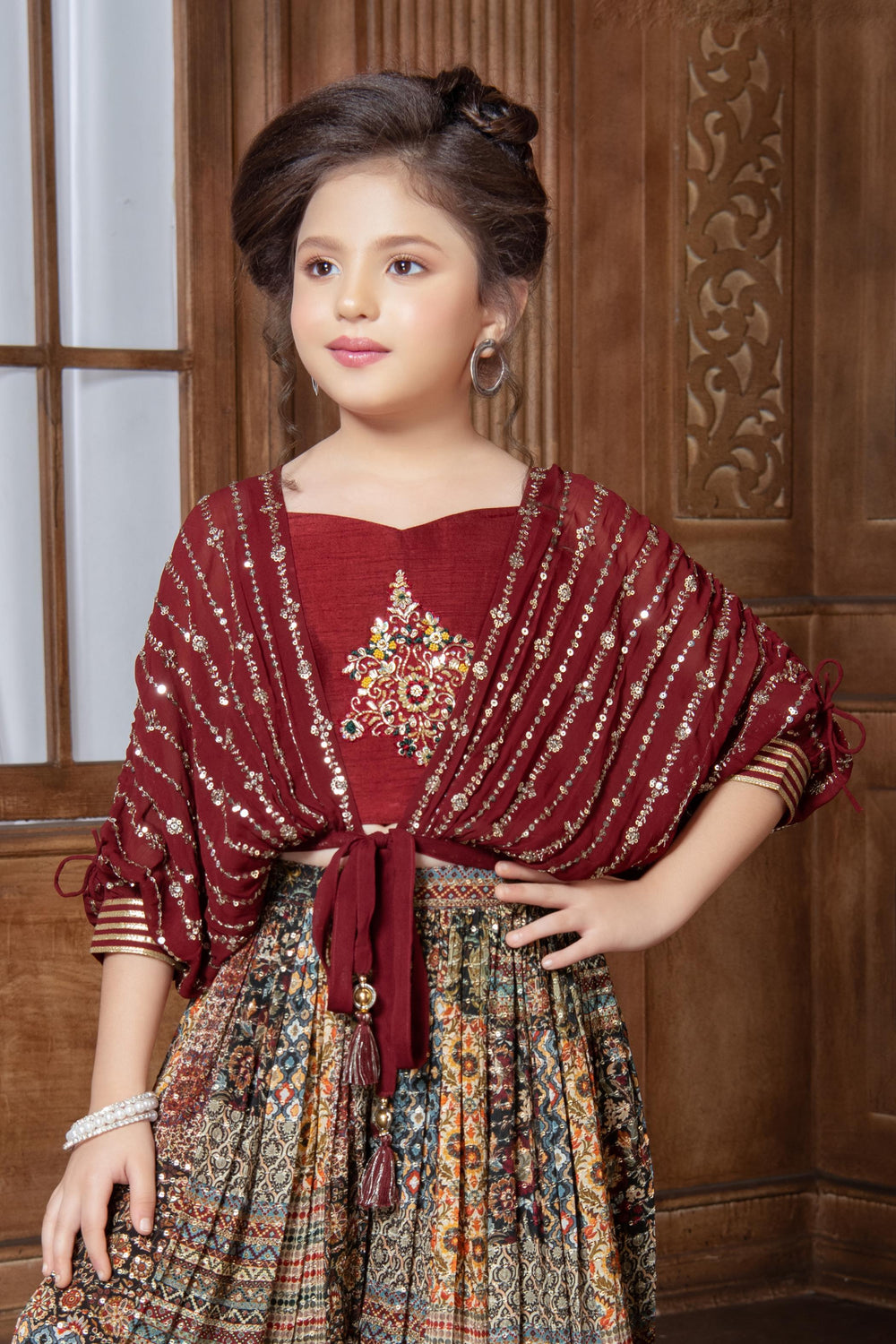 Maroon with Multicolor Digital Print Poncho Styled Palazzo Set for Girls - Seasons Chennai