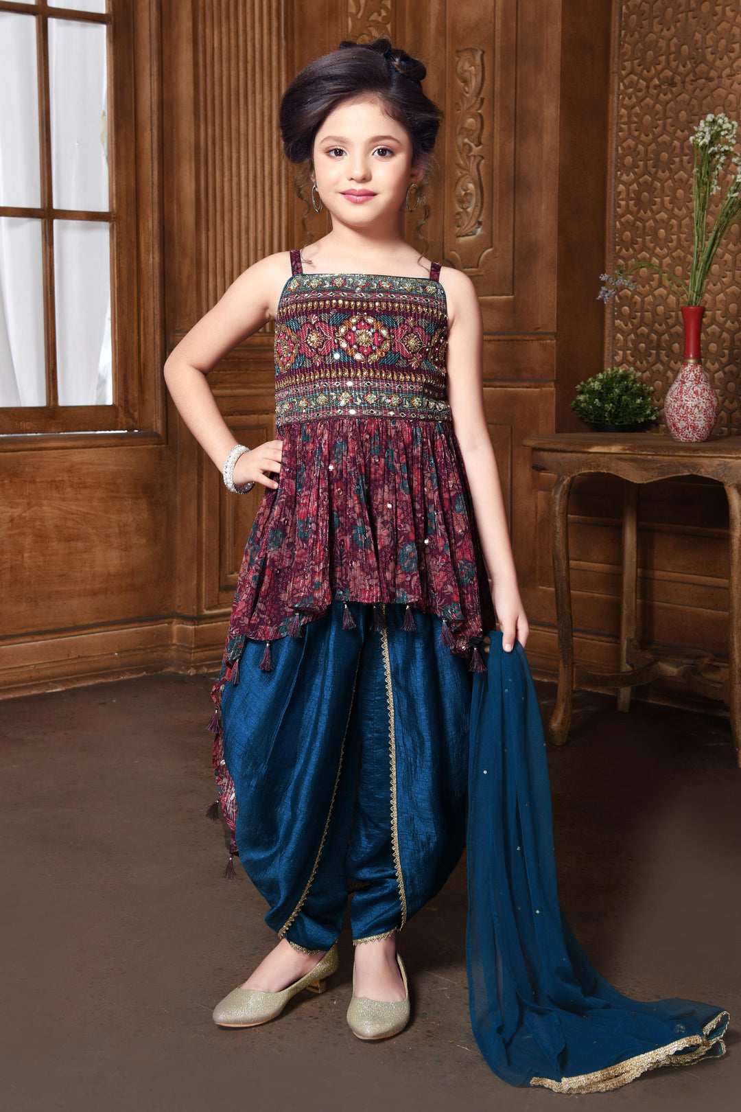 Wine with Peacock Blue Floral Print and Sequins work Dhoti Style Salwar for Girls - Seasons Chennai