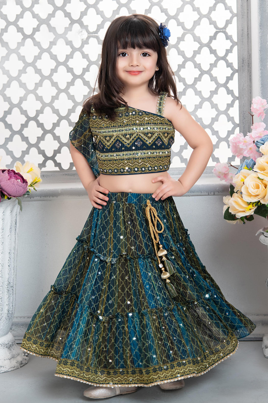 Blue with Green Beads, Mirror, Sequins and Thread Weaving work Lehenga Choli for Girls - Seasons Chennai