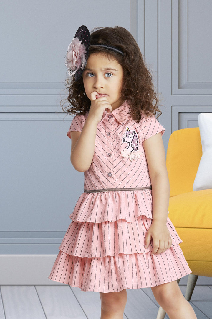 Peach Unicorn Patch Detailing Frock for Girls - 2
