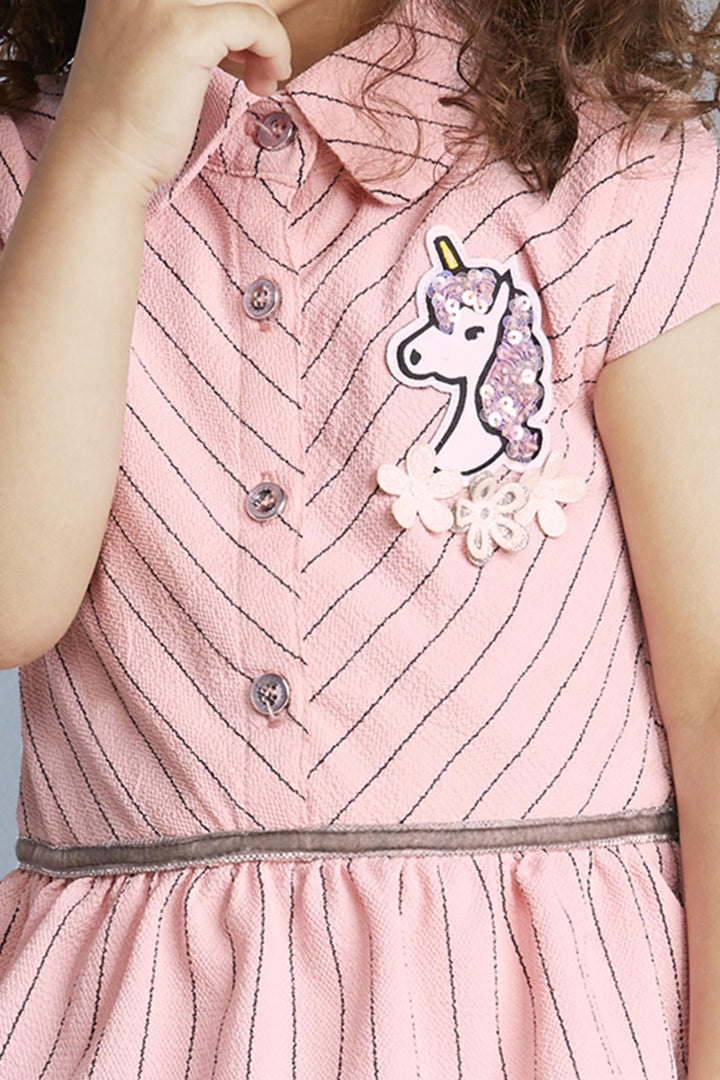 Peach Unicorn Patch Detailing Frock for Girls - 3