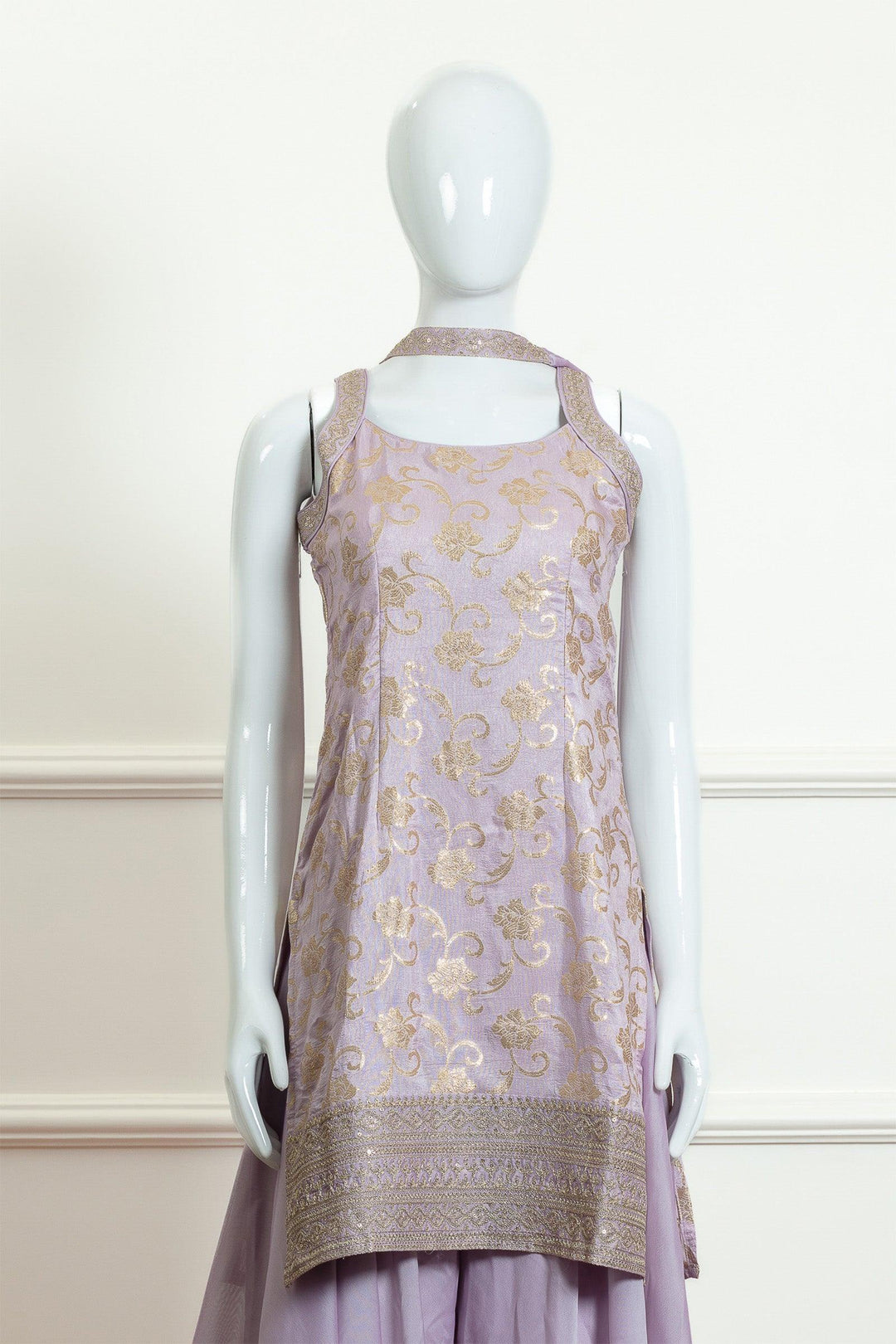 Lavender Pink Banarasi Silk Zari Work Kurta with Palazzo & Dupatta Set
