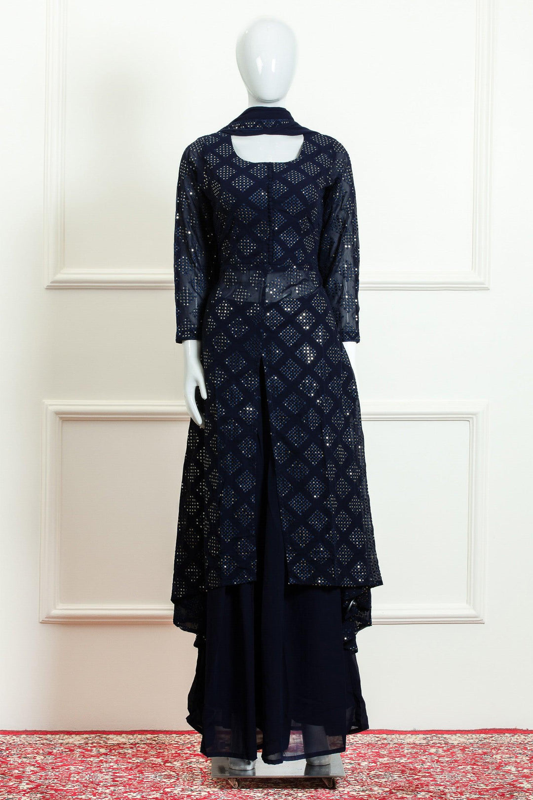 Navy Blue Sequins and Thread work Palazzo Suit Set - Seasons Chennai