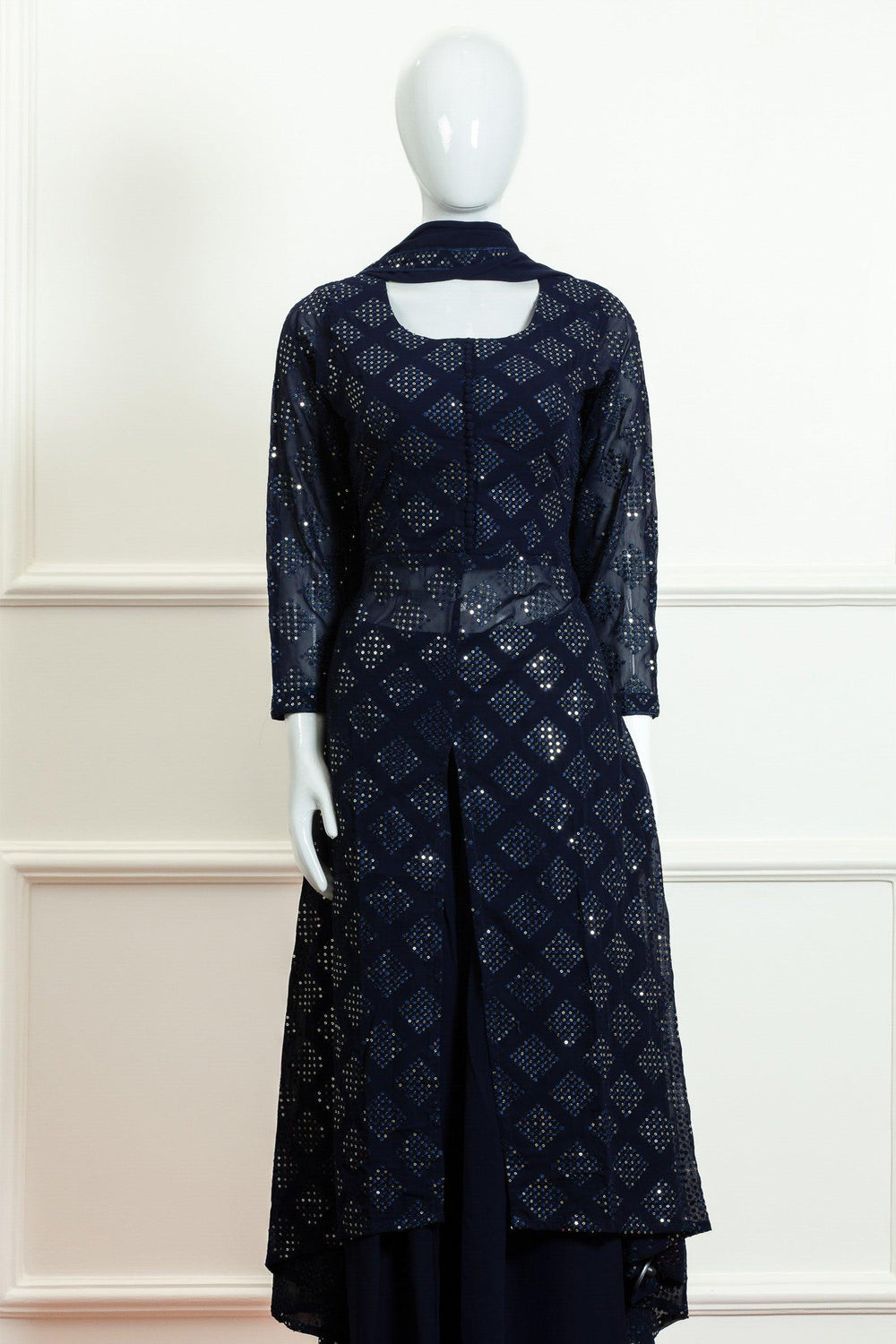 Navy Blue Sequins and Thread work Palazzo Suit Set - Seasons Chennai